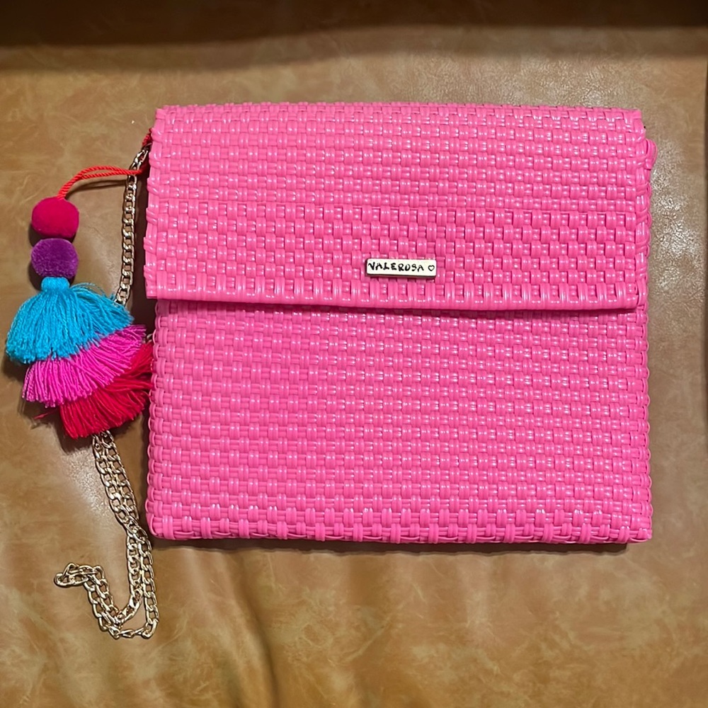NWOT Valerosa Pink Clutch with 18 K Gold Plated Chain and Pom Pom included